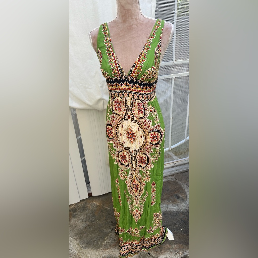 Bohemian style Green print Maxi long dress by Akualani.